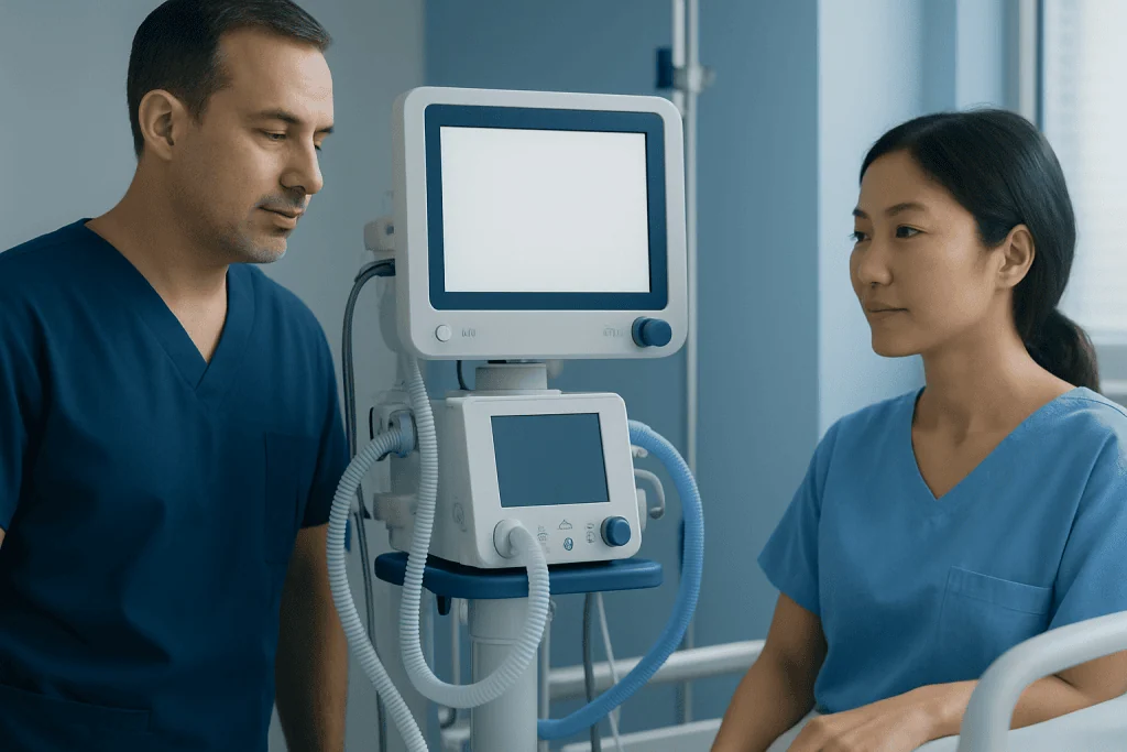 Medical professionals discussing patient care with ventilator equipment in hospital.