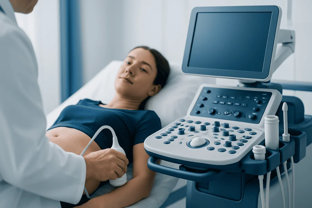 Patient undergoing an ultrasound examination in a hospital setting.