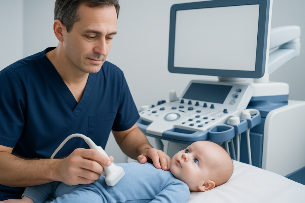 Pediatric doctor performing ultrasound on a baby in a hospital setting.