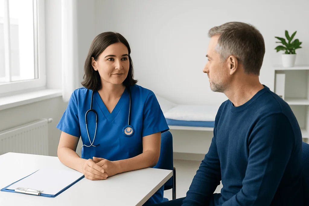 Nurse practitioner consulting with a patient in a medical office.