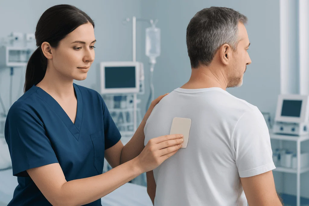 Nurse applying a pain patch to a patient's back in a hospital setting.