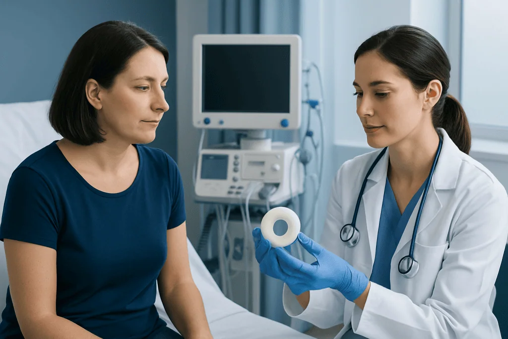 Doctor explains pessary use to patient in hospital room.