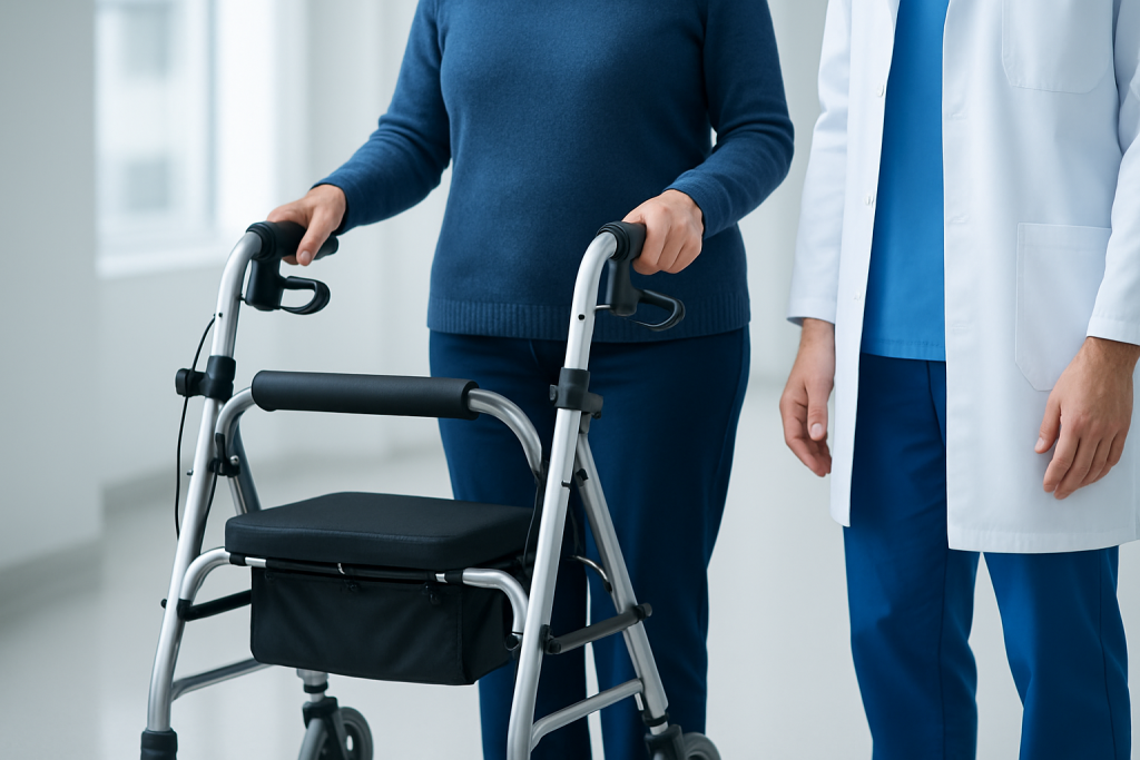 Patient using a walker with medical staff nearby in a clinical setting.