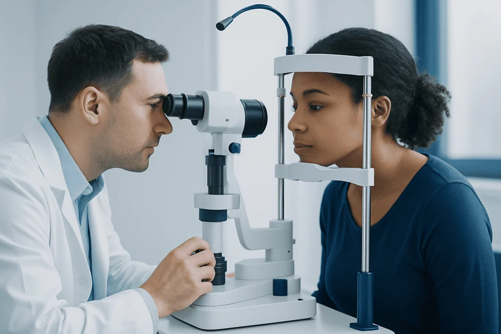 Optometrist examines patient's eye using slit lamp in clinic.