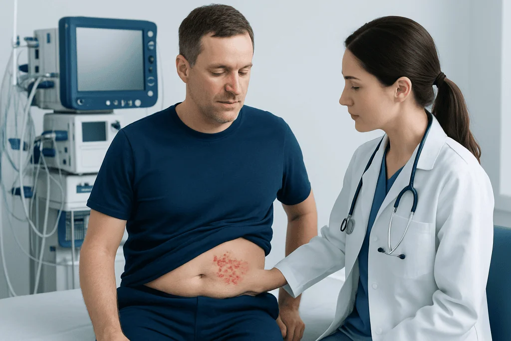 Doctor examining shingles rash on patient's abdomen in hospital setting.