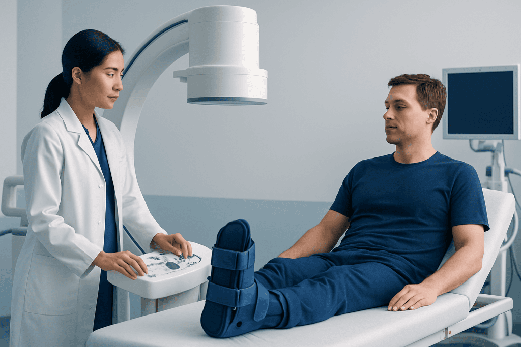 Doctor examining patient's leg with medical imaging equipment in hospital.