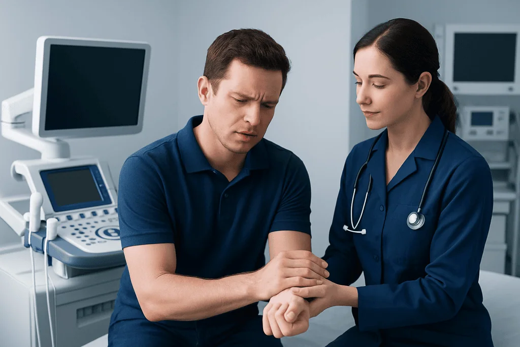 Patient experiencing wrist pain during medical consultation at hospital.