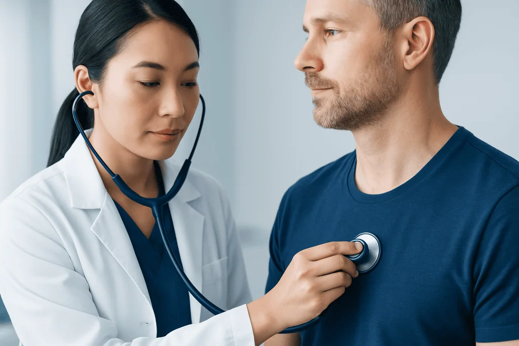 Doctor using stethoscope to examine patient in a clinical setting.