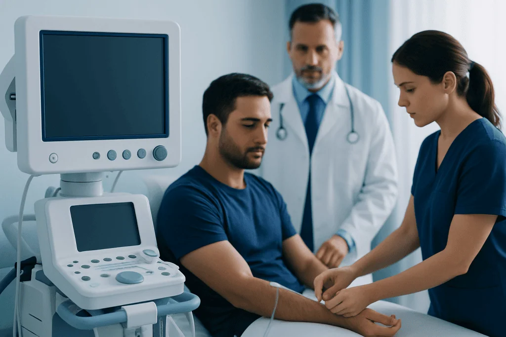 Medical professionals perform a patient checkup in a hospital room.