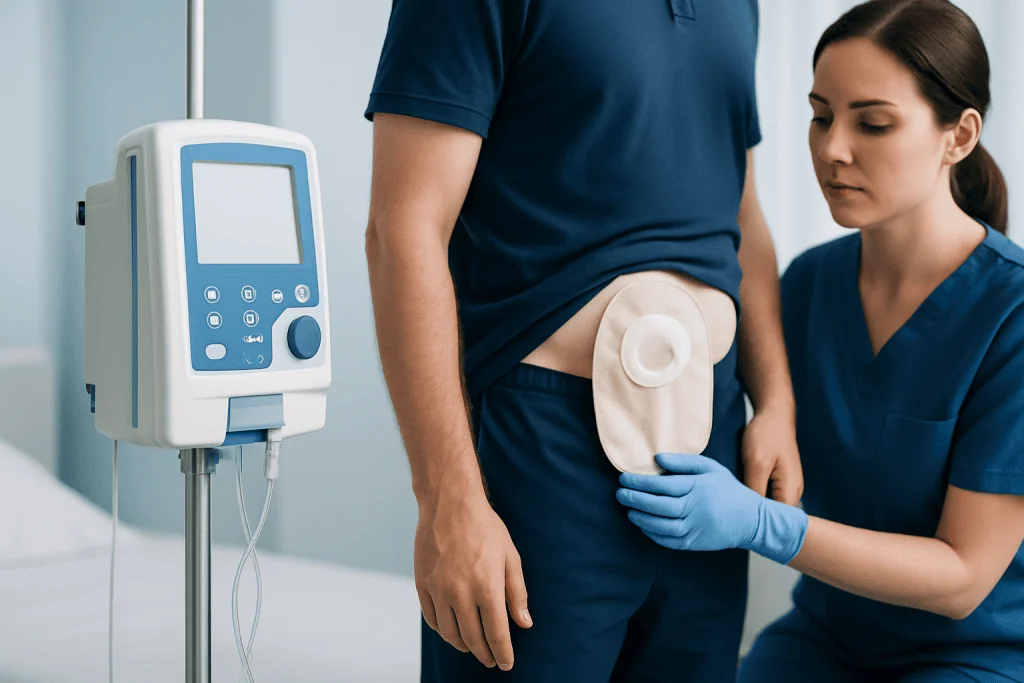 Patient with stoma bag being examined by healthcare professional in hospital.