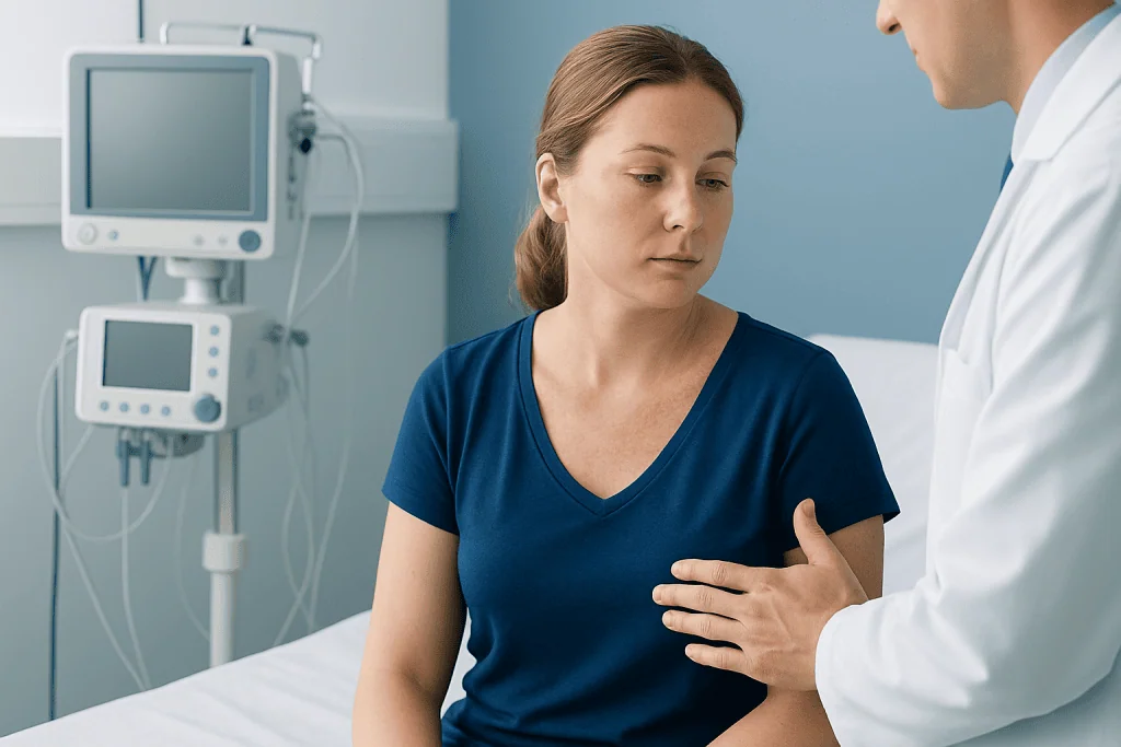 Doctor examining a woman patient in a hospital room with medical equipment.