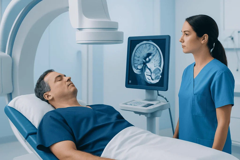 Medical professional reviewing brain scan of patient in hospital.