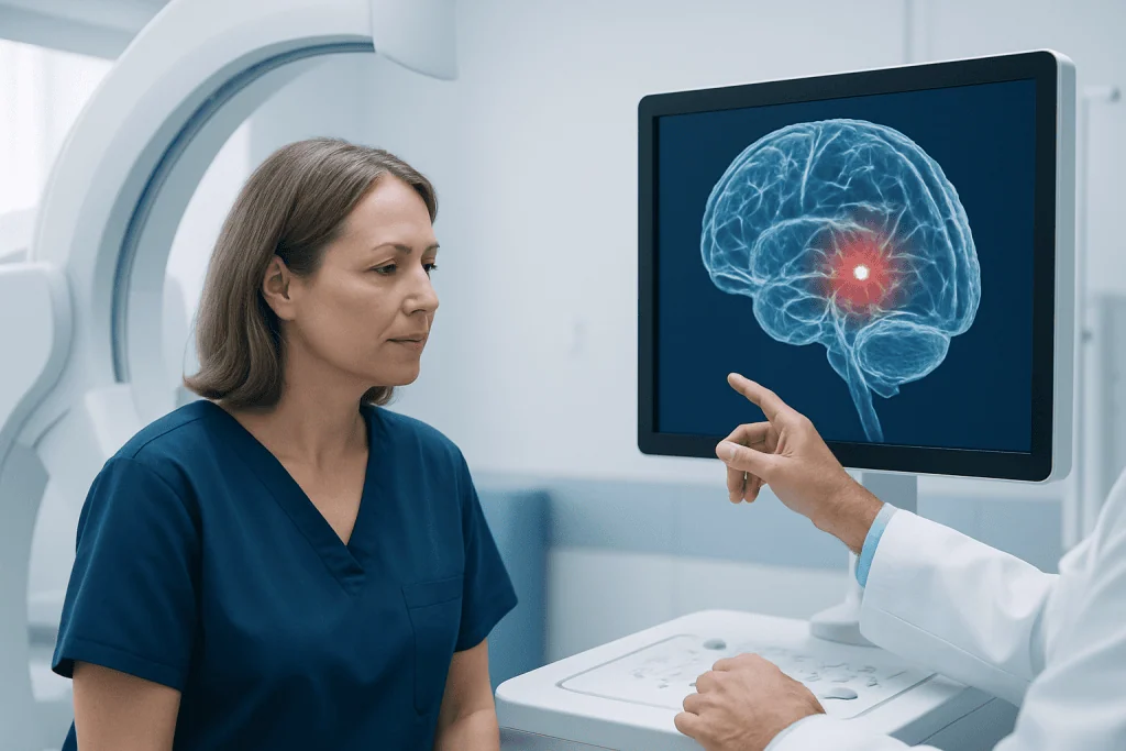 Medical professional explains brain scan showing stroke risk to patient.