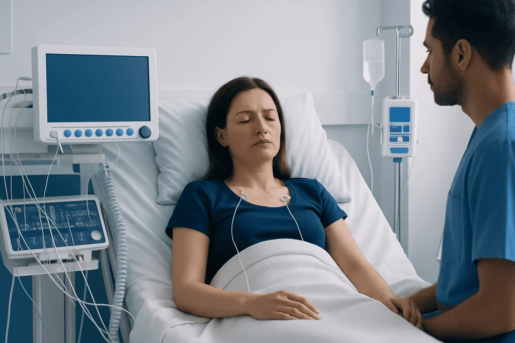 Patient in hospital bed with medical staff monitoring her condition.