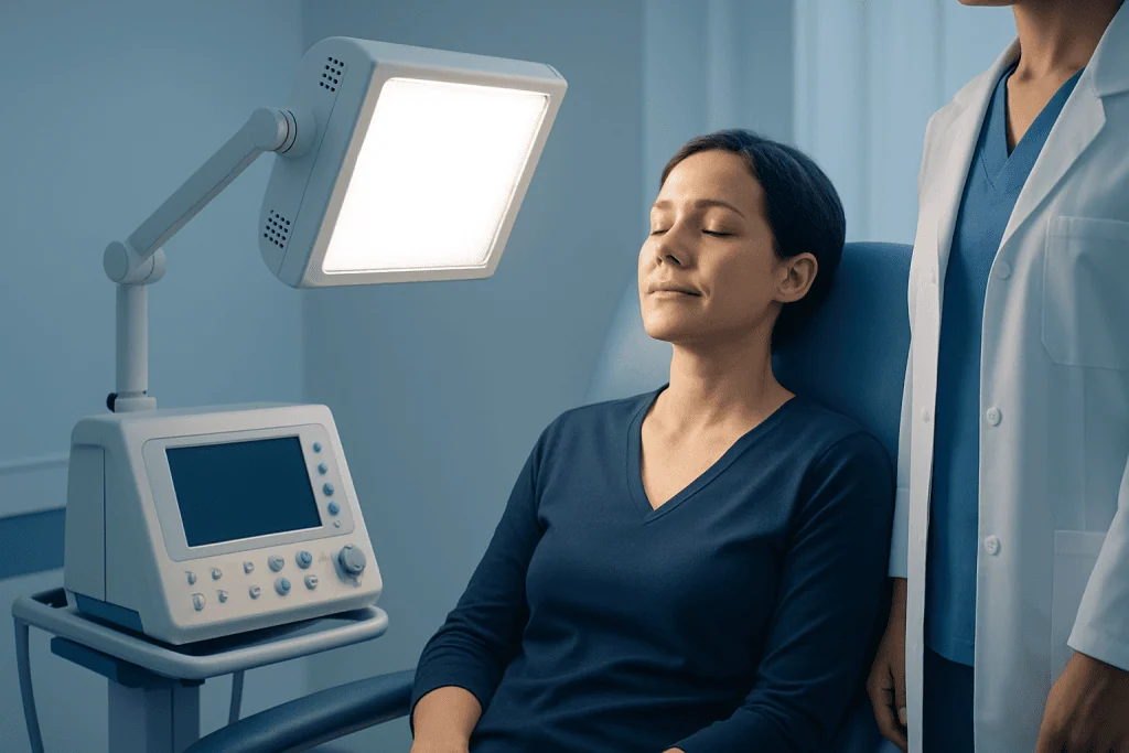 Patient receiving light therapy treatment at Acibadem Hospital.