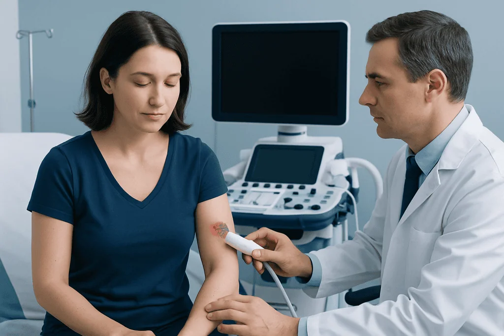 Doctor examining a patient's arm for tick bite at Acibadem Hospital.