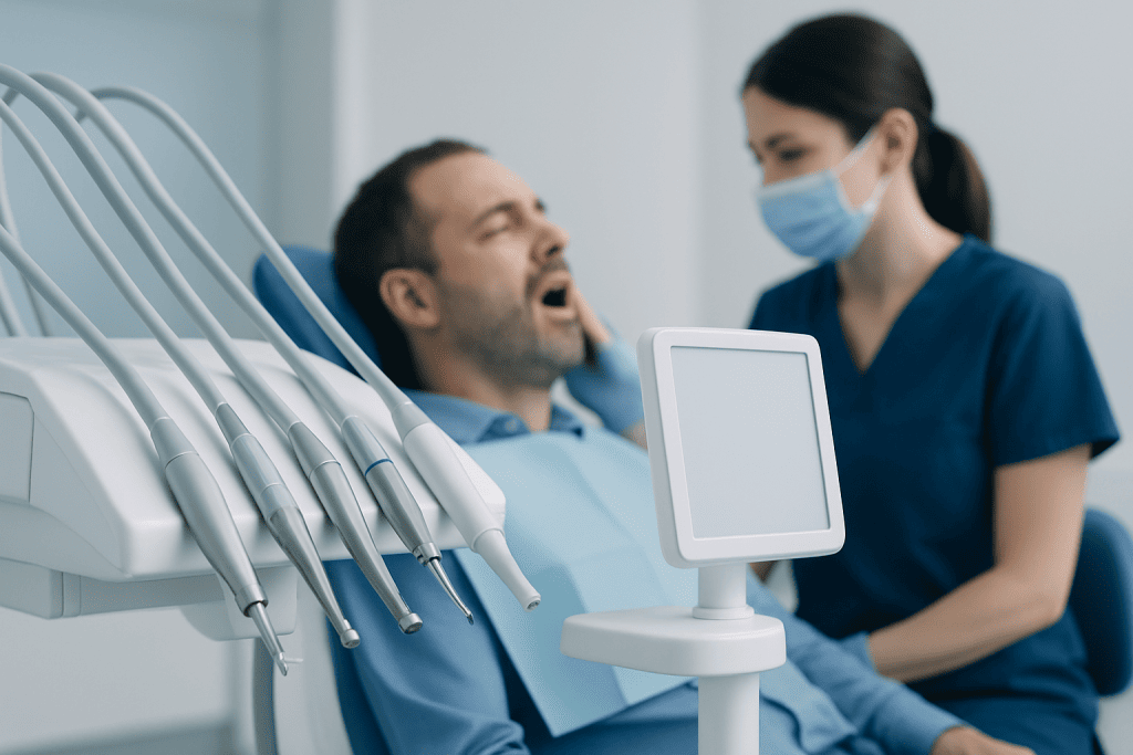Patient receiving dental treatment in a clinical setting at Acibadem Hospitals.