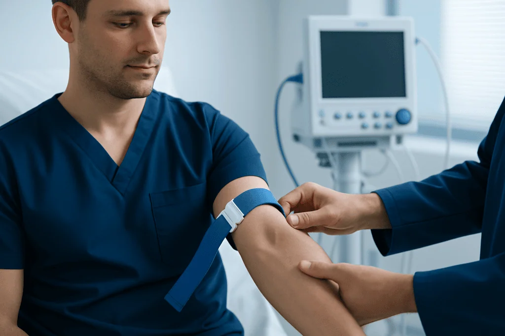 Medical professional applying a tourniquet on patient's arm in hospital.