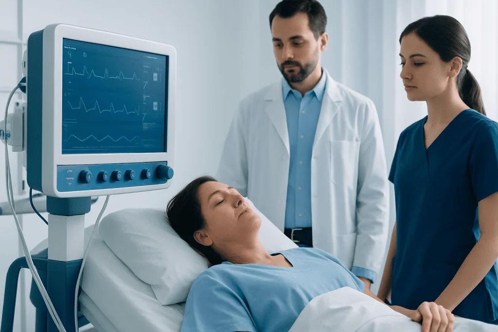 Patient undergoing monitoring in a hospital bed with medical staff present.