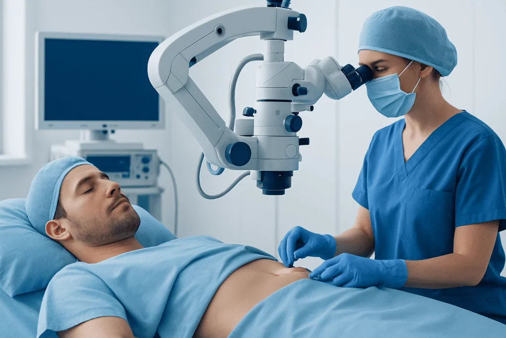 Surgeon performing varicose vein treatment with advanced medical equipment.
