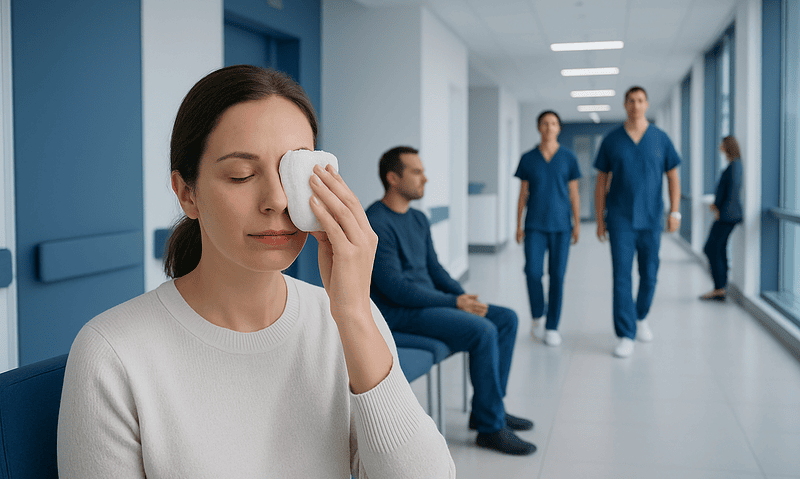 Woman with eye patch in hospital corridor, healthcare professionals in background.