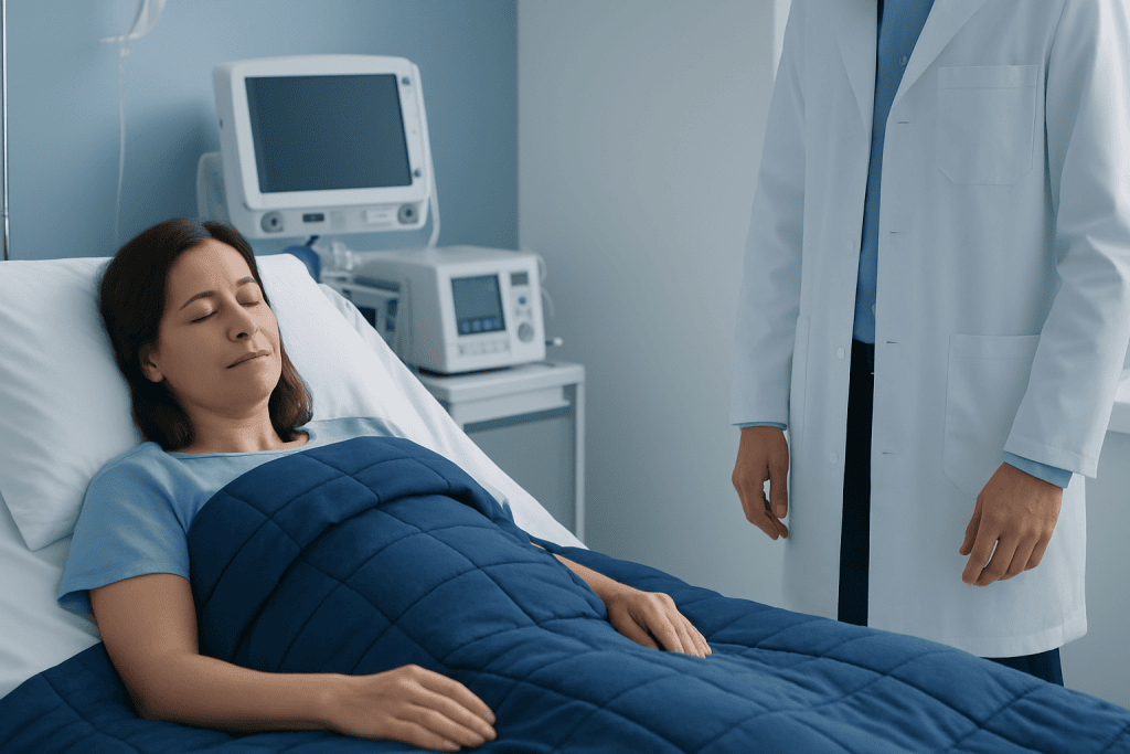 Patient resting in hospital bed with weighted blanket, medical staff nearby.