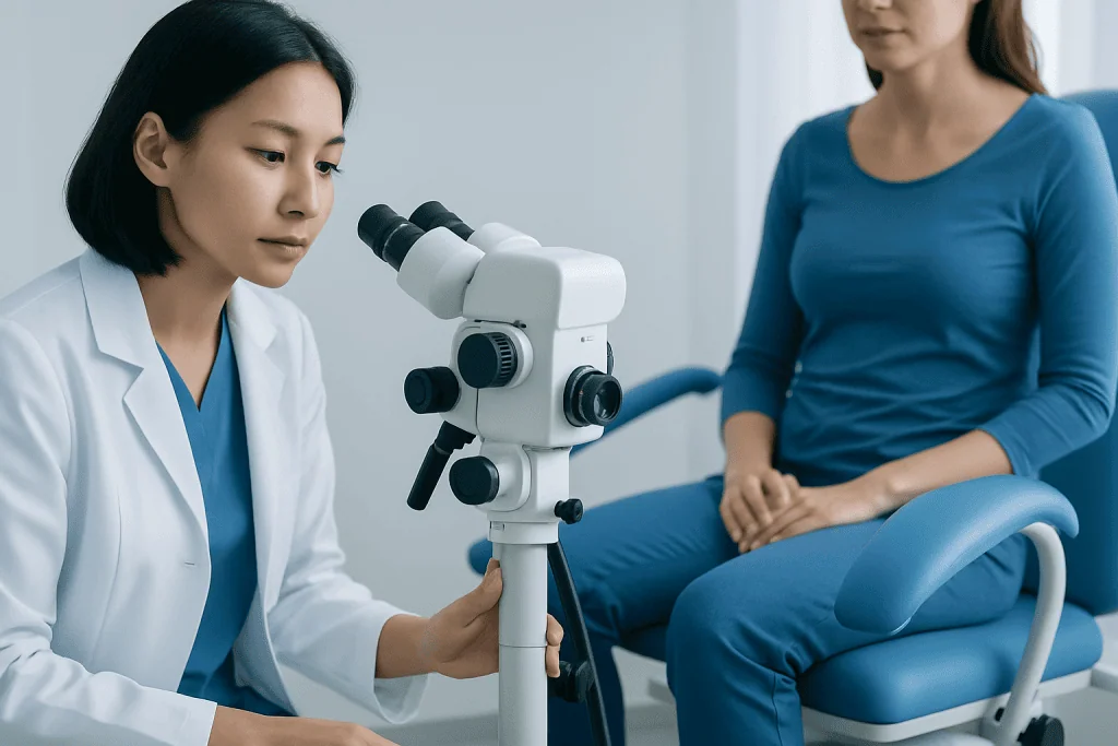Doctor examining a patient with a microscope in a clinical setting.