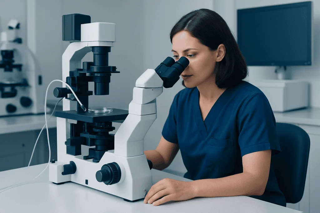 Female scientist examining samples with a microscope in a laboratory setting.