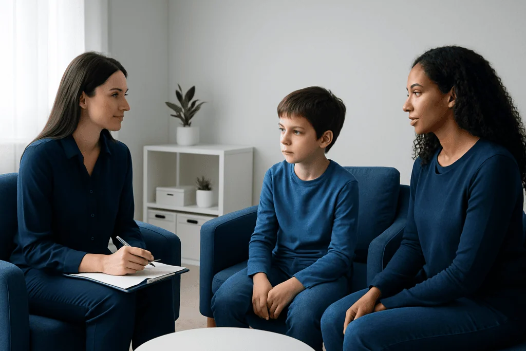 Child in therapy session with a psychologist and mother at a clinic.