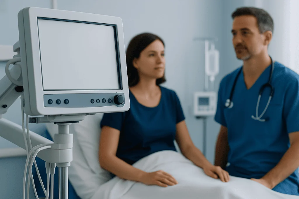 Doctor and patient in hospital room with medical monitor.