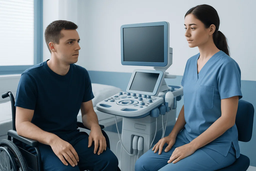 Medical consultation with a patient in a wheelchair and a healthcare professional.