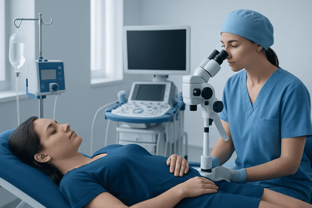 Medical professional examining patient with microscope in hospital room.