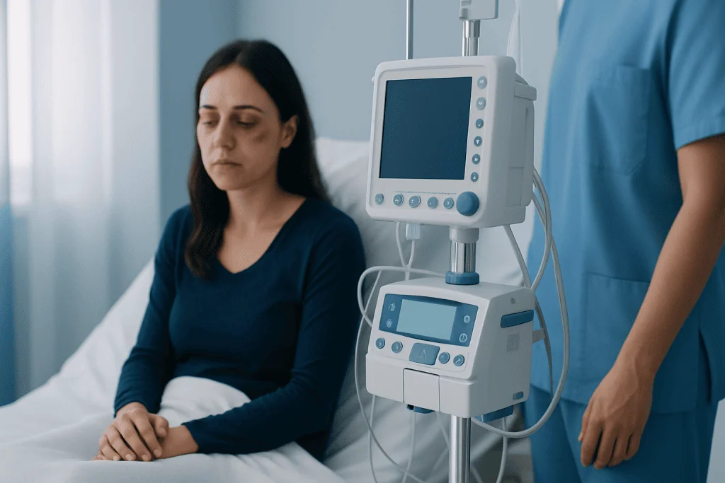 Patient in hospital bed with medical monitor and healthcare professional nearby.