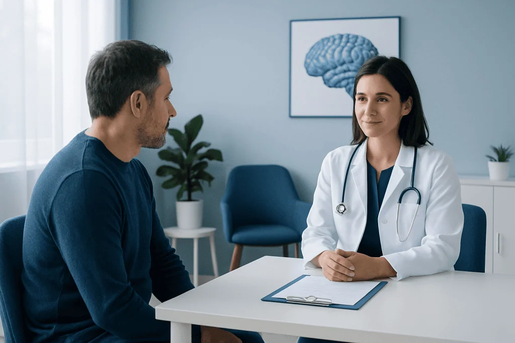 Doctor consulting with a patient in a modern medical office.