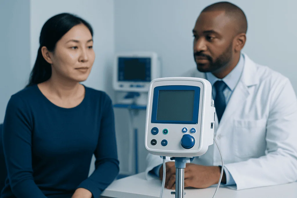 Doctor and patient in consultation with medical equipment in background.