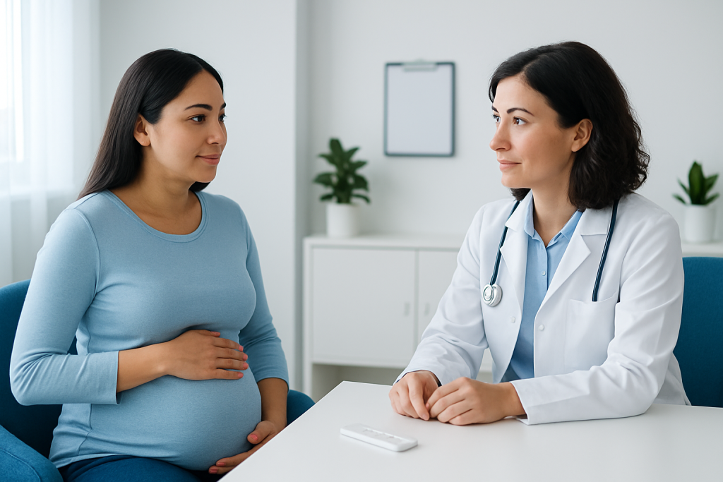 Pregnant woman consulting with doctor in a medical office.