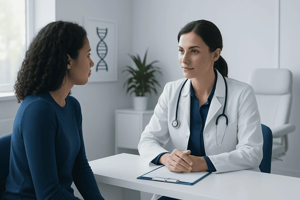 Doctor consulting with a patient in a modern medical office setting.