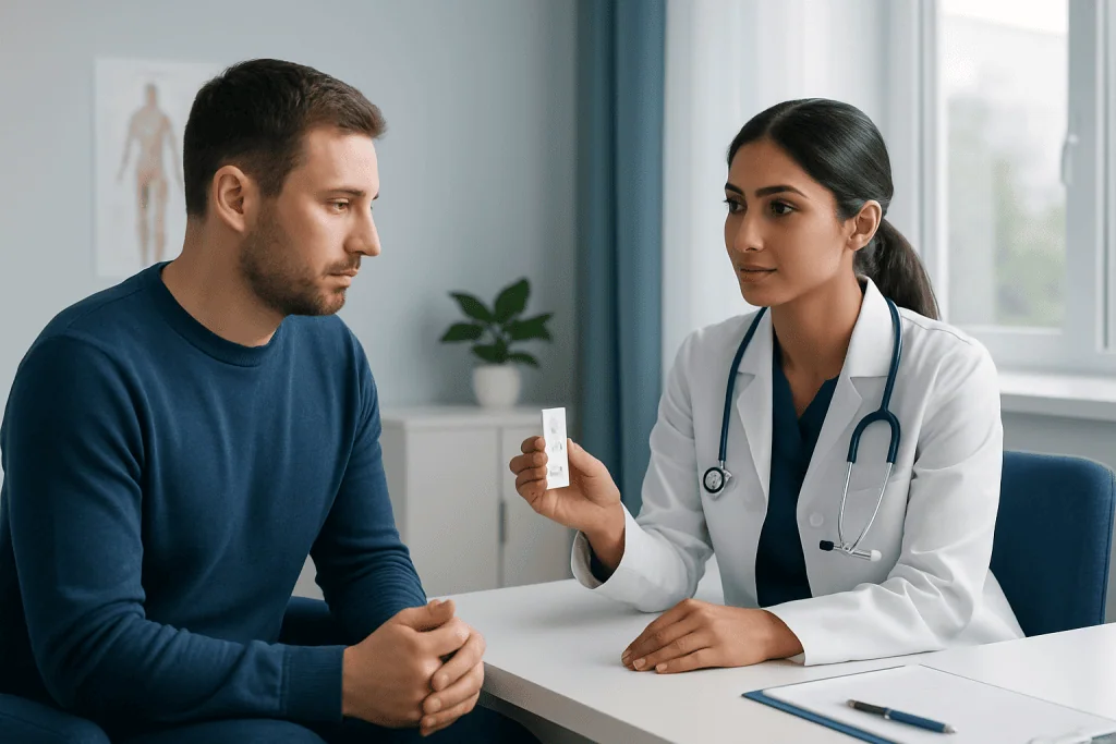 Doctor explaining at-home flu test to patient in clinic setting.