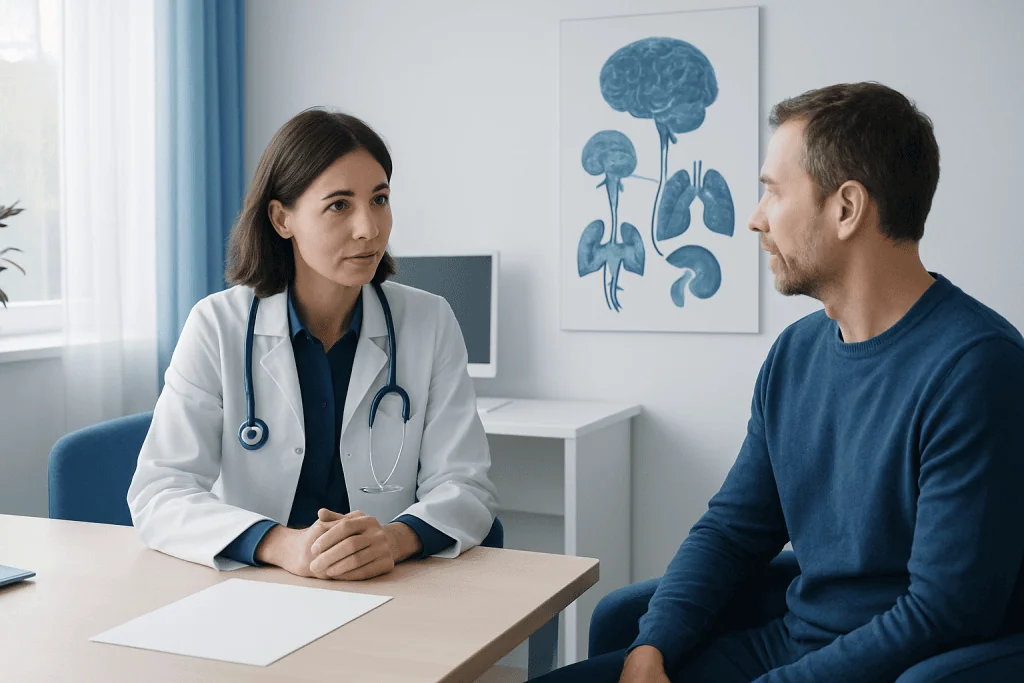 Doctor consulting with patient in a medical office setting.