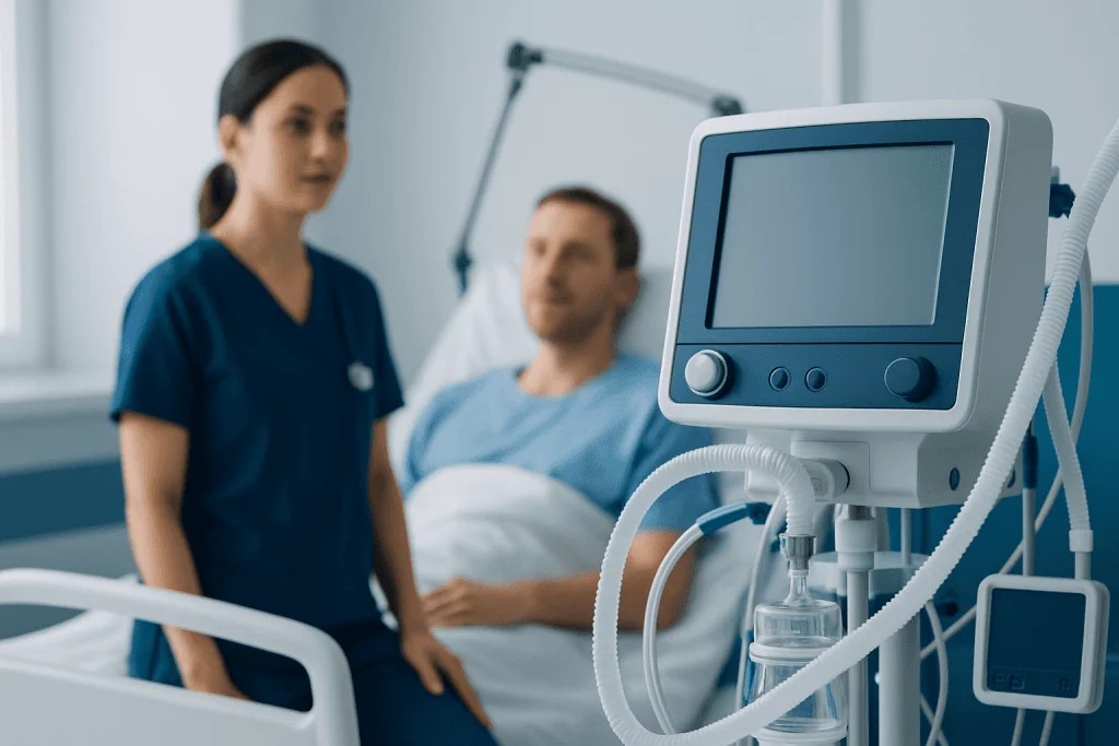 Hospital room with patient and nurse, medical monitor in foreground.