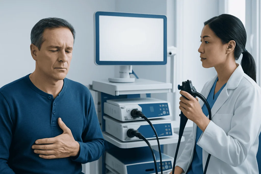 Doctor performing endoscopy on a patient with chest discomfort.