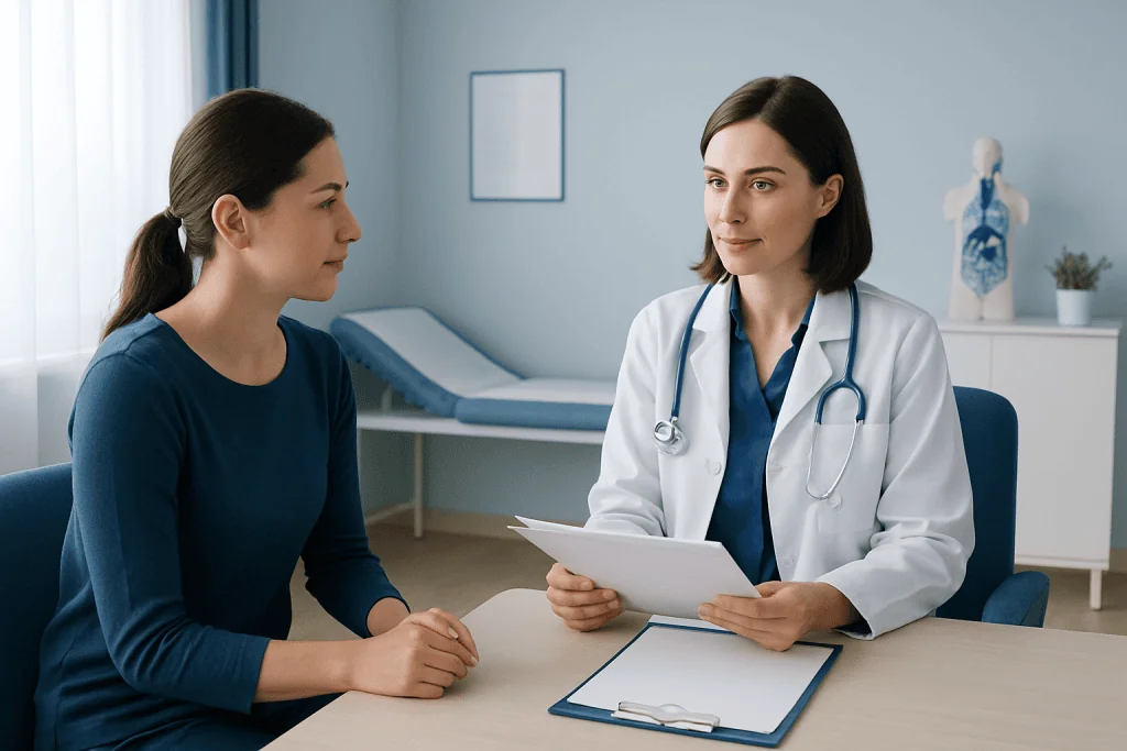 Doctor discussing discharge papers with patient in hospital room.