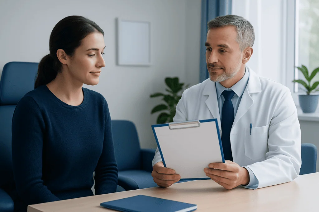 Doctor discussing discharge summary with female patient in consultation room.