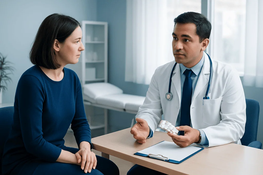 Doctor explaining medication to a female patient in a clinic setting.
