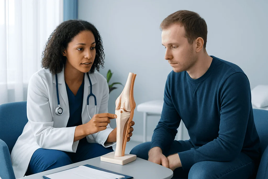 Doctor explaining knee anatomy to patient in a consultation room.