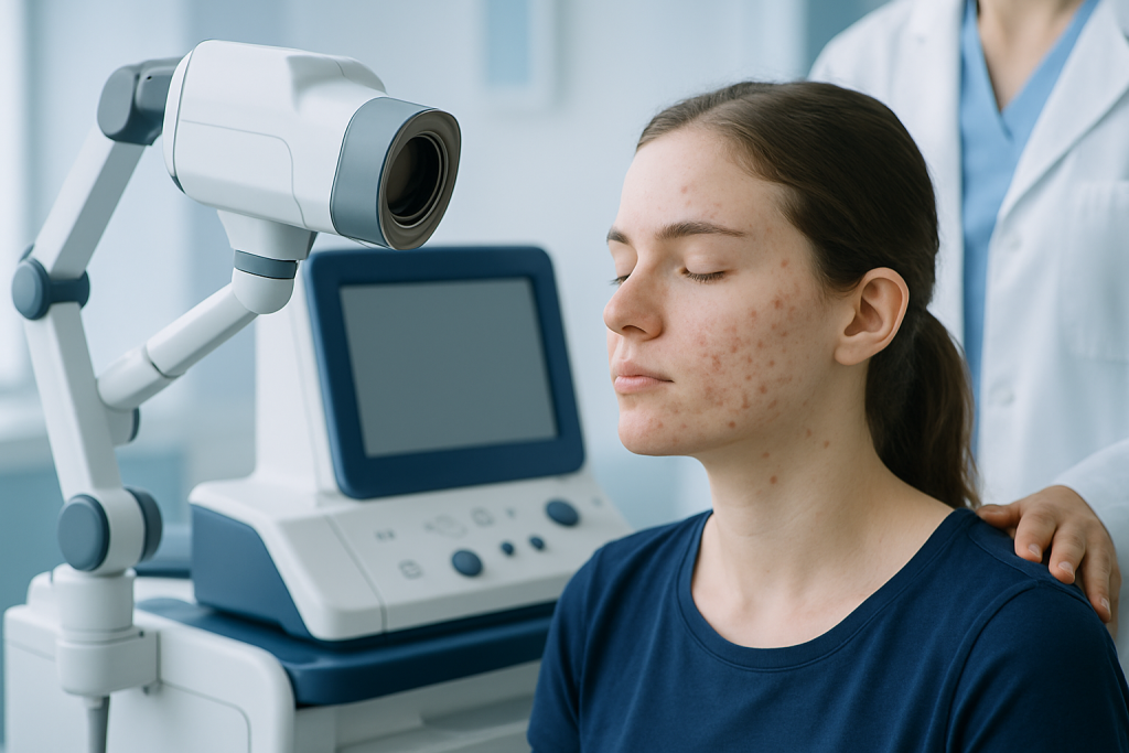 Young woman undergoing skin examination with a dermatoscope at a clinic.