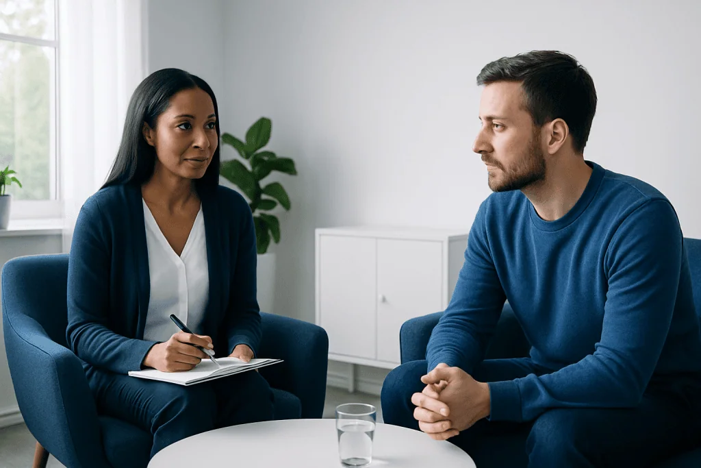 Therapist and patient in a counseling session at Acibadem Hospitals Group.