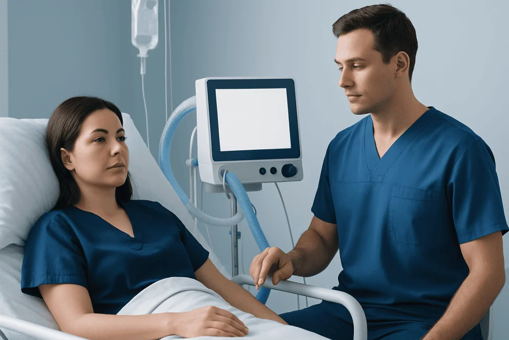 Patient in hospital bed with medical staff and ventilator equipment.