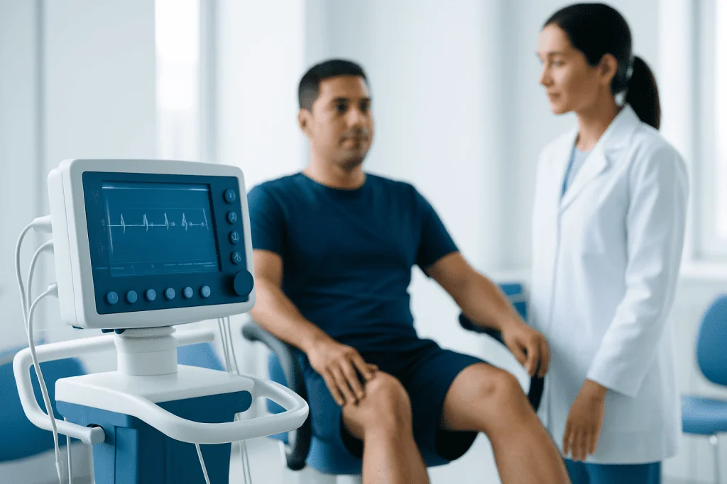 Doctor consulting patient with heart monitor in hospital room.
