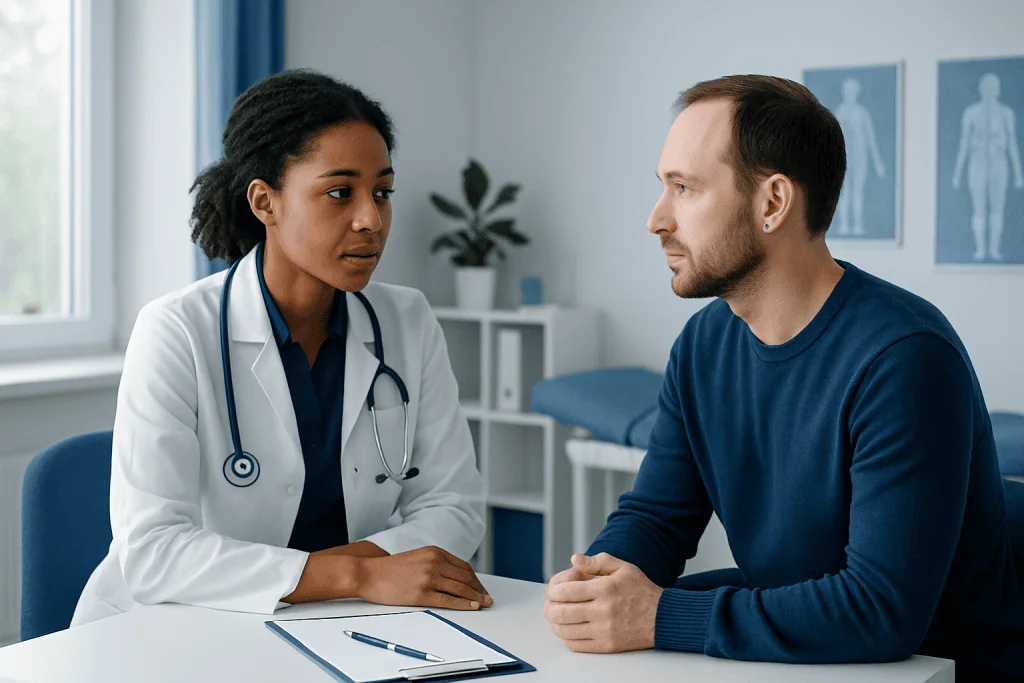 Doctor consulting with male patient in medical office.